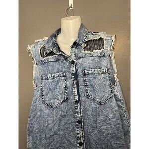 Thrill Jeans Shirt Dress Womens 1X Blue Denim Sleeveless Distressed Hi Low Mesh